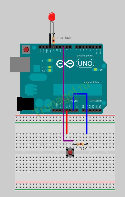 Схема подключения светодиода и кнопки к Arduino